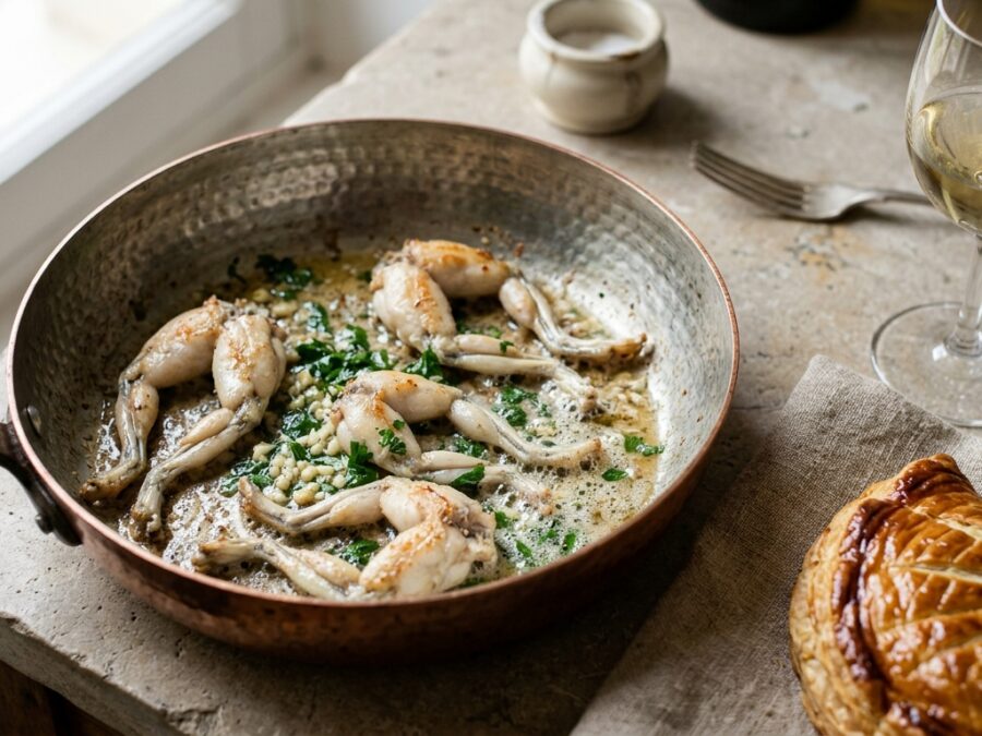 Cuisses de grenouille sautées au beurre clarifié et persillade dans un sautoir en cuivre, accompagnées d'une tourte feuilletée alsacienne et d'un verre de Riesling