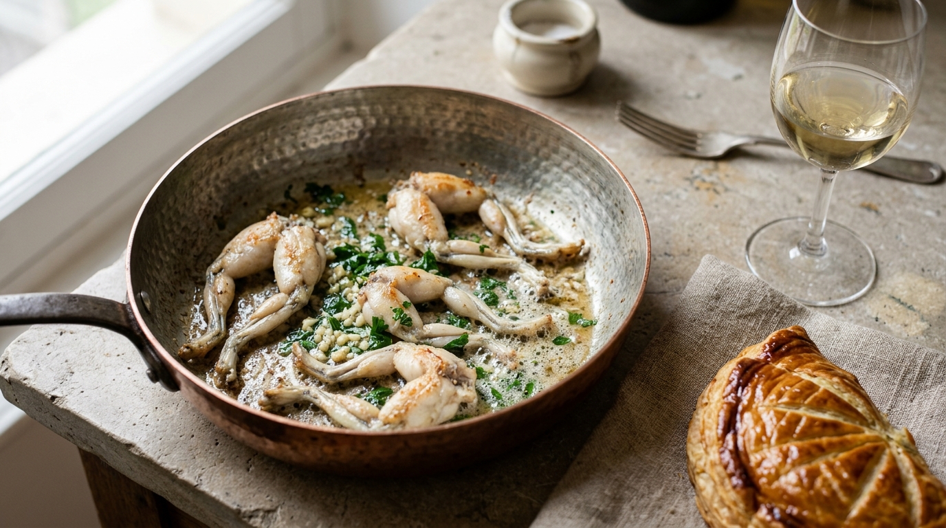 Cuisses de grenouille sautées au beurre clarifié et persillade dans un sautoir en cuivre, accompagnées d'une tourte feuilletée alsacienne et d'un verre de Riesling