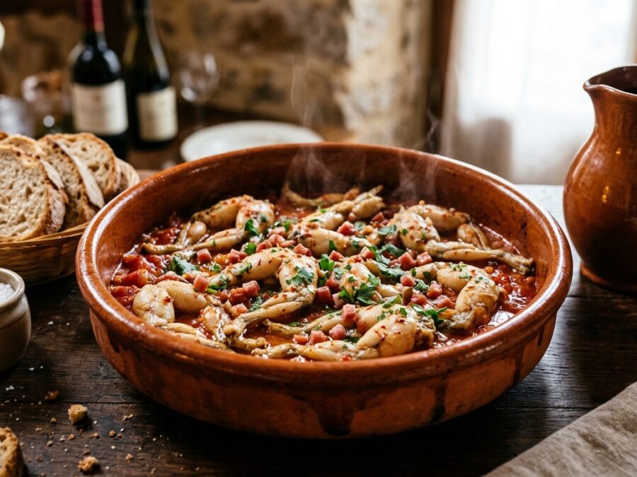 Cassolette en terre cuite de cuisses de grenouille à la mode basco-béarnaise, sauce tomate, ail, jambon de Bayonne et piment
