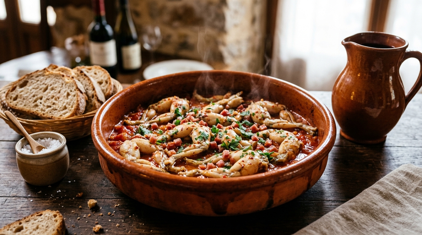 Cassolette en terre cuite de cuisses de grenouille à la mode basco-béarnaise, sauce tomate, ail, jambon de Bayonne et piment