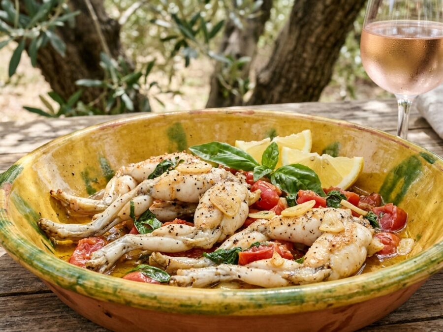 Cuisses de grenouille à la provençale dorées à l'huile d'olive avec tomates concassées, ail effilé, basilic frais et citron