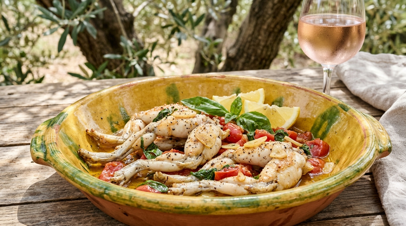 Cuisses de grenouille à la provençale dorées à l'huile d'olive avec tomates concassées, ail effilé, basilic frais et citron