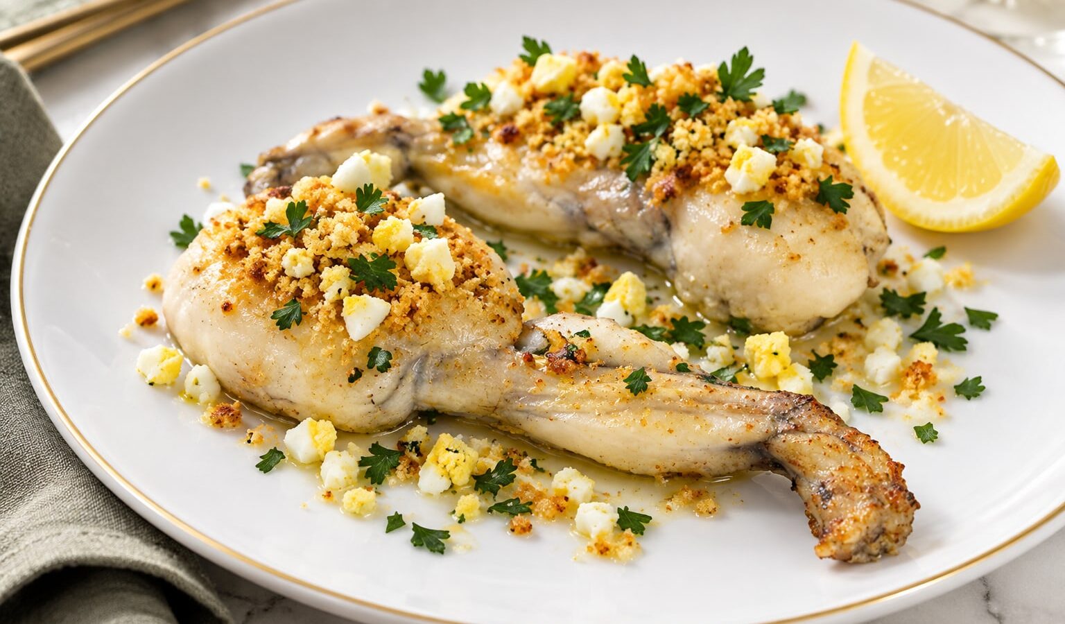 Cuisses de grenouille à la polonaise : chapelure dorée au beurre, œuf dur haché et persil sur assiette en porcelaine blanche