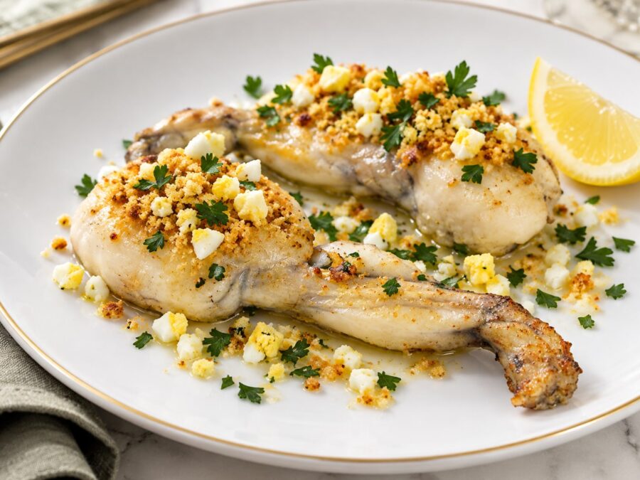 Cuisses de grenouille à la polonaise : chapelure dorée au beurre, œuf dur haché et persil sur assiette en porcelaine blanche